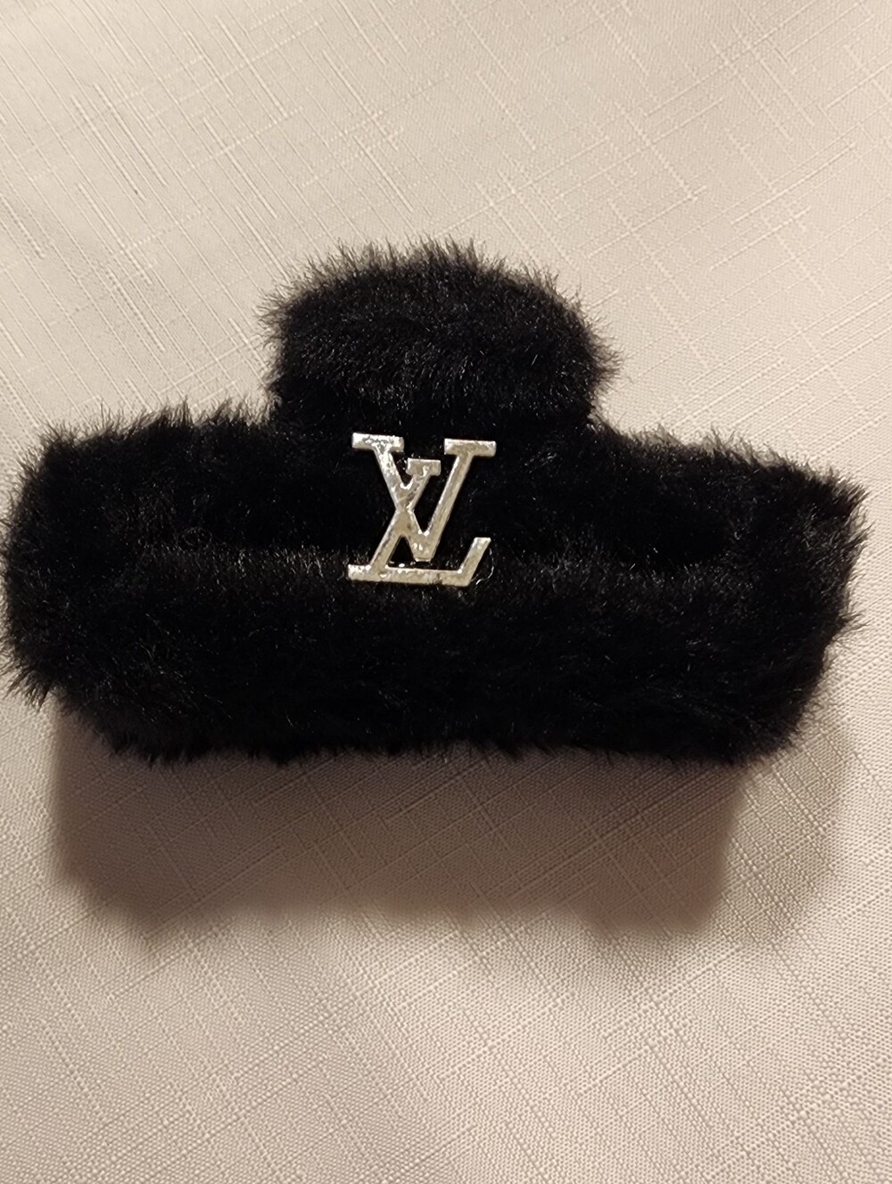 Black Faux Fur Hair Clip with Silver LV Emblem